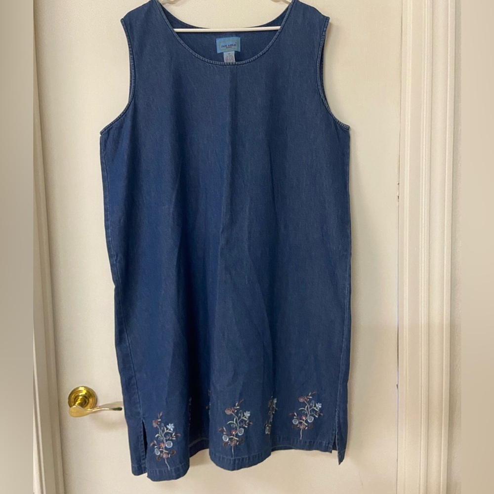VTG Jane Ashley Blue Denim Dress Jumper Sz 1X Embroidered Floral Cottage Core